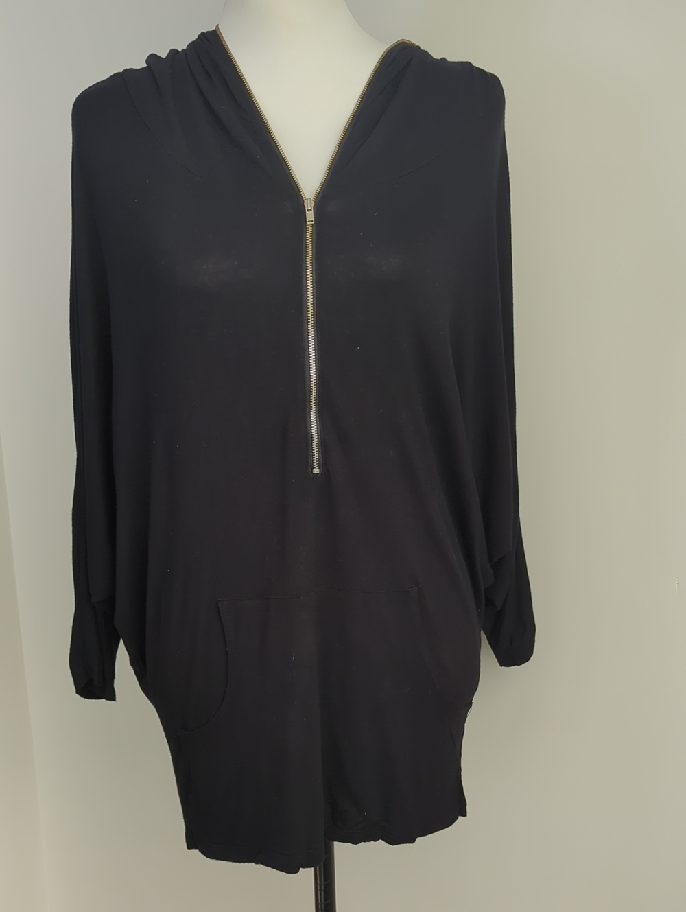 Love Culture Lightweight Black Oversized Hooded Batwing Half-Zip Tunic LARGE - Picture 14 of 15